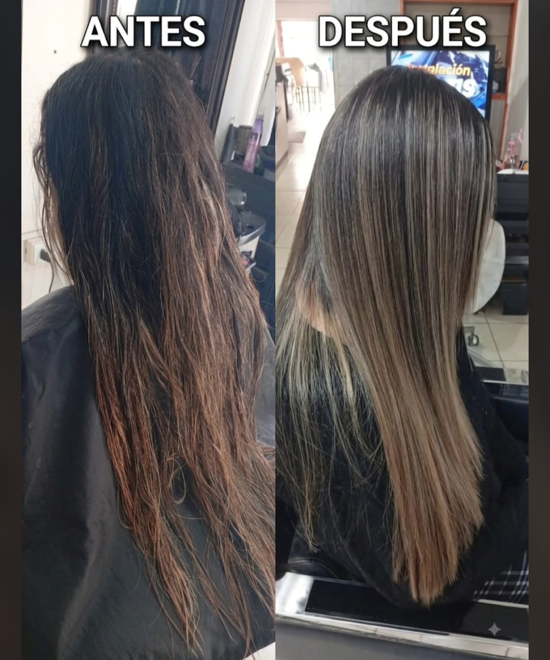 Antes y después de reflejos: de cabello largo con puntas desgastadas a melena larga con reflejos dorados