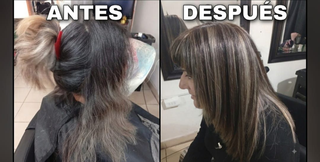 Antes y después de reflejos: de cabello oscuro desgastado a melena con reflejos rubios y flequillo