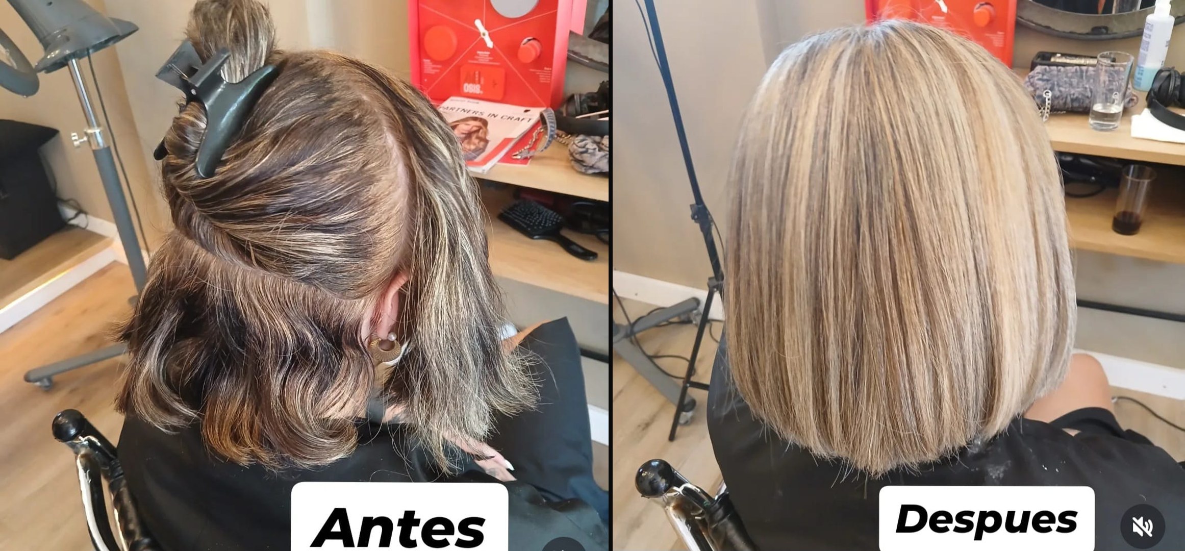 Antes y después de reflejos: de cabello oscuro con mechas crecidas a rubio luminoso con corte carré